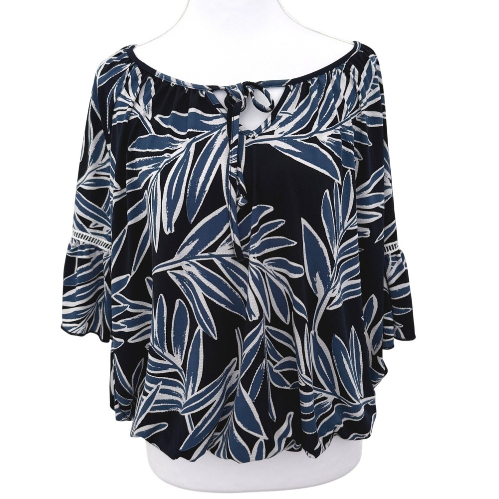 Espresso Tropical Palm Print Blouse Womens Large Navy Blue Bell Sleeve Tie Neck